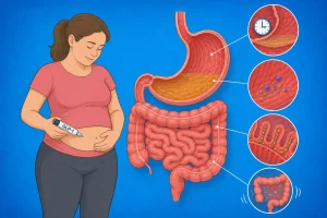 Medical illustration showing the gastrointestinal effects of GLP-1 receptor agonists. A stylized overweight woman self-administers a GLP-1 injection while a cross-sectional view of the stomach and intestines highlights delayed gastric emptying, slowed intestinal motility, and digestive changes associated with medications such as semaglutide and tirzepatide. Circular magnified insets illustrate the physiological effects on the gastrointestinal tract against a blue background.