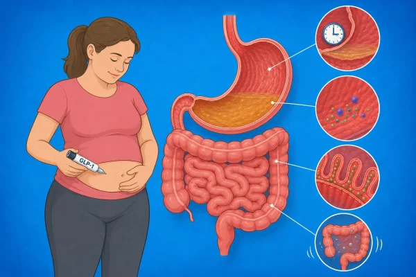 Medical illustration showing the gastrointestinal effects of GLP-1 receptor agonists. A stylized overweight woman self-administers a GLP-1 injection while a cross-sectional view of the stomach and intestines highlights delayed gastric emptying, slowed intestinal motility, and digestive changes associated with medications such as semaglutide and tirzepatide. Circular magnified insets illustrate the physiological effects on the gastrointestinal tract against a blue background.