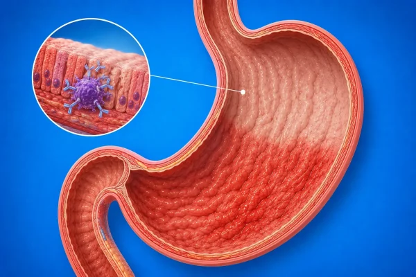 Image depicting autoimmune gastritis, showing atrophic fundus with immune cell infiltration