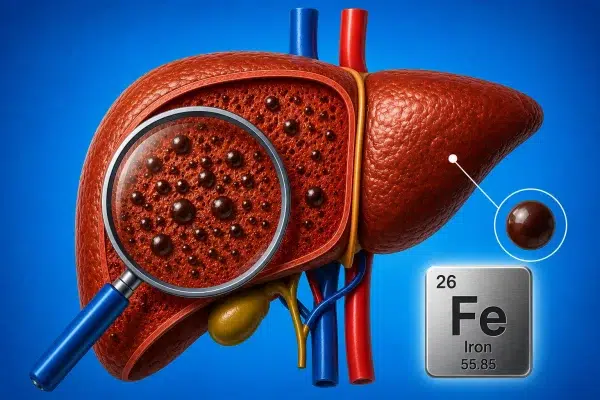 Imagen que ilustra un hígado con infiltración de hierro característico de la hemocromatosis.