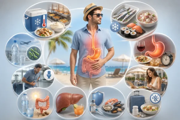 Medical illustration of summer digestive health featuring food safety, raw fish and Anisakis prevention, traveler’s diarrhea, acid reflux, hydration, constipation, liver health, hepatitis A prevention, and traveling with chronic digestive diseases