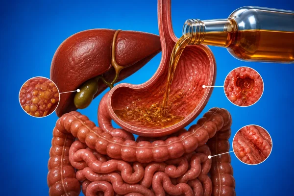 High-quality 3D medical illustration of the human digestive system featuring the liver, stomach, intestines, and a bottle of liquor pouring into the stomach, symbolizing the impact of alcohol on the digestive tract, stomach, liver, and gut health. No text.