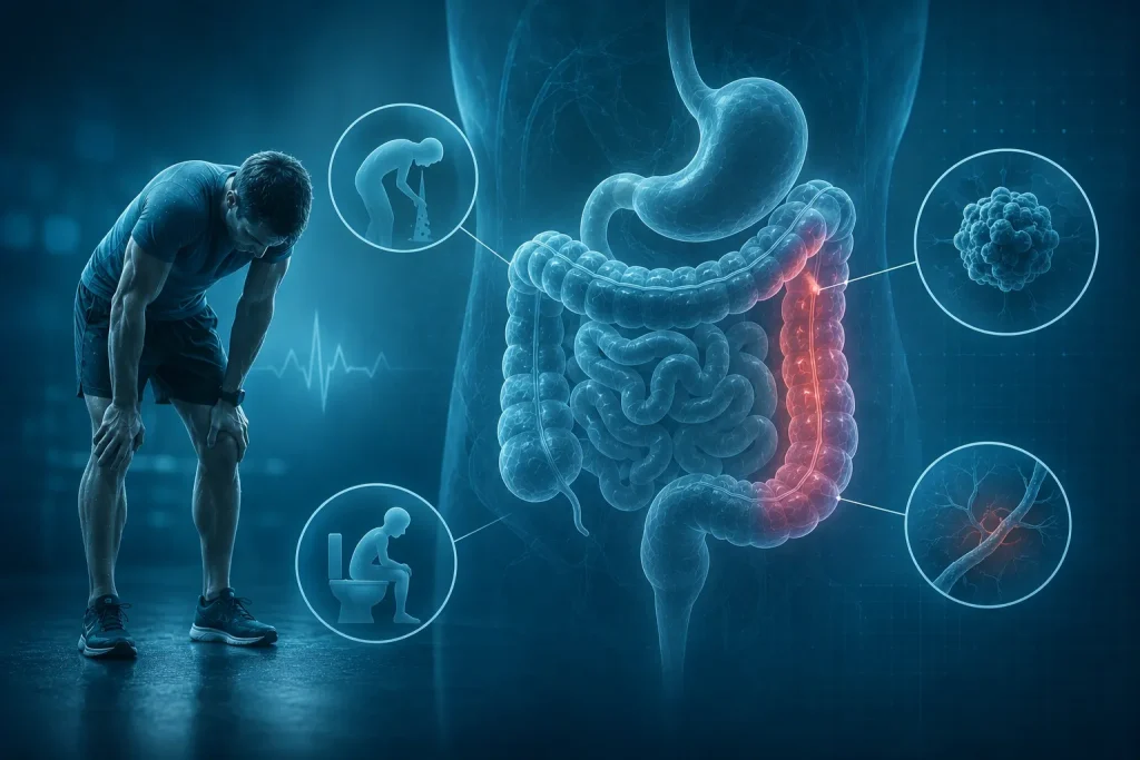 Intense physical exercise and its potential adverse effects on the digestive system, including intestinal ischemia, nausea, vomiting, diarrhea, and colorectal complications.