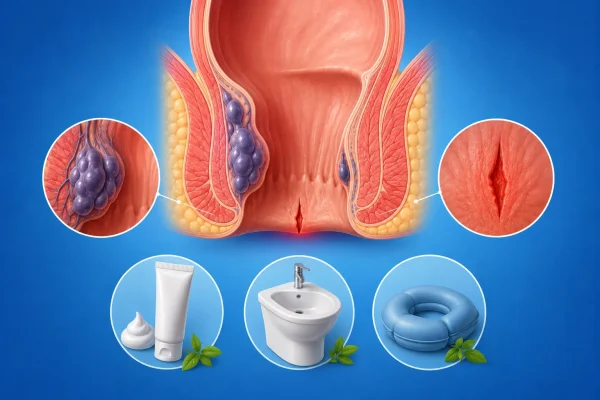 Medical illustration of hemorrhoids and anal fissure showing a simplified cross-sectional view of the anal canal with enlarged hemorrhoidal tissue, a small anal fissure, and conservative treatment options including topical cream, a bidet, and a sitz cushion on a blue background