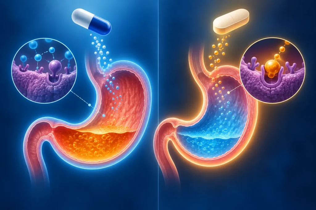 Medical illustration comparing omeprazole and vonoprazan, showing two stomachs with different levels of acid suppression and simplified molecular mechanisms of gastric acid inhibition.