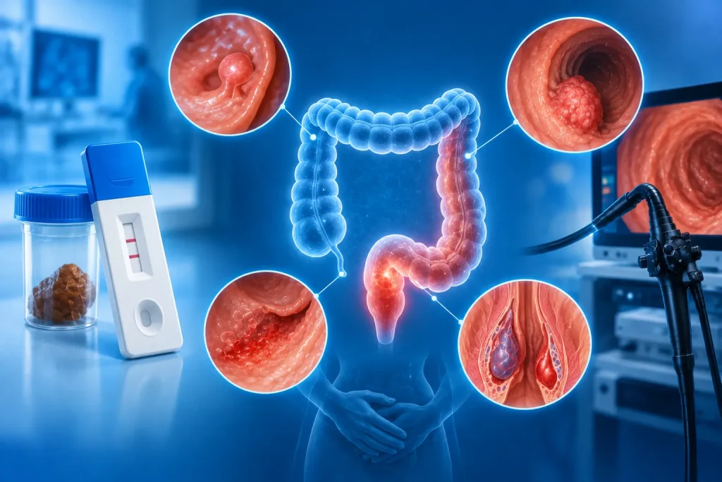 Medical illustration of a positive fecal occult blood test, showing the colon, possible sources of gastrointestinal bleeding such as polyps and hemorrhoids, and colonoscopy as the main diagnostic examination.