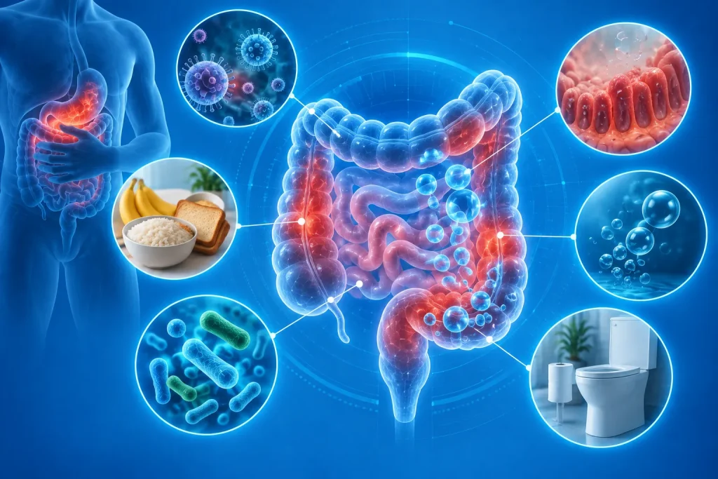 Medical illustration of gas and diarrhea after gastroenteritis, showing an inflamed digestive tract with intestinal gas, gut bacteria, irritated intestinal lining, abdominal discomfort, bland foods, and bathroom-related symptoms.
