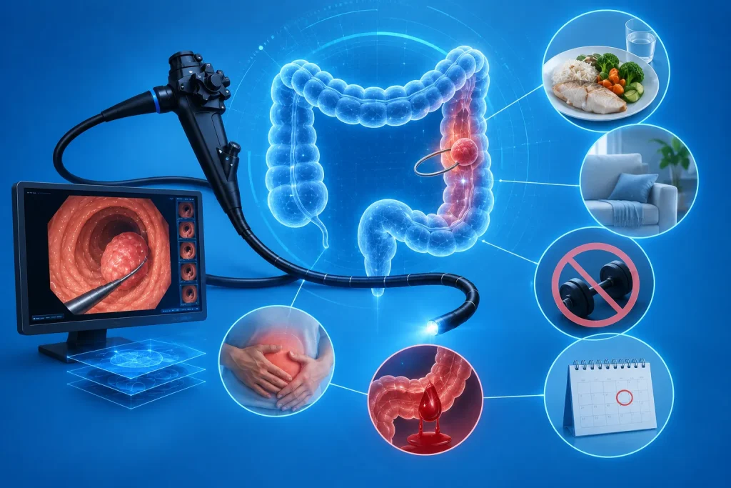 Colon polypectomy aftercare, including recovery, diet, physical activity restrictions, abdominal discomfort, bleeding warning signs, and follow-up after colonoscopy.